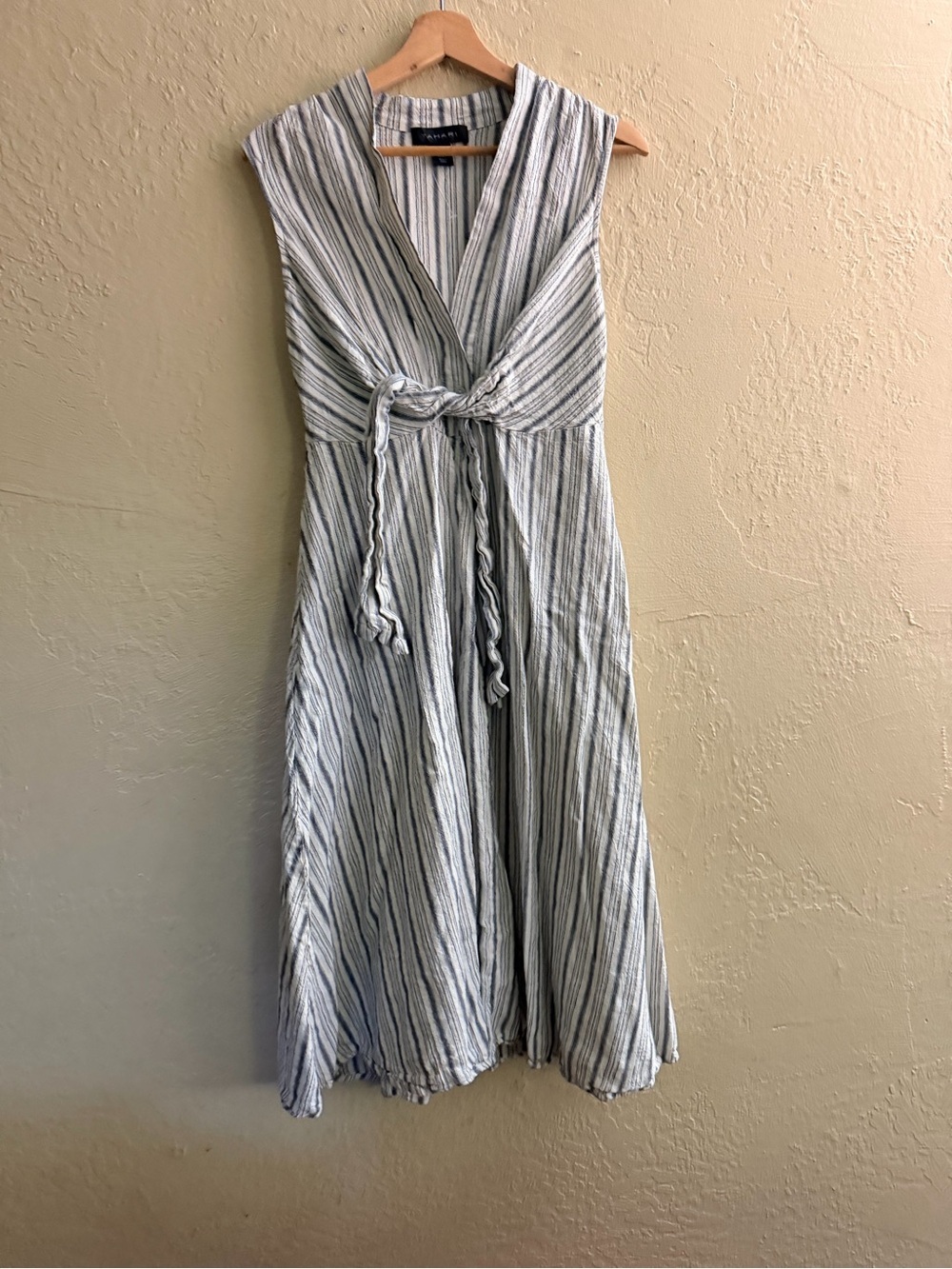 Tahari Light Blue and White Striped Midi Tie-Front Linen Blend Dress